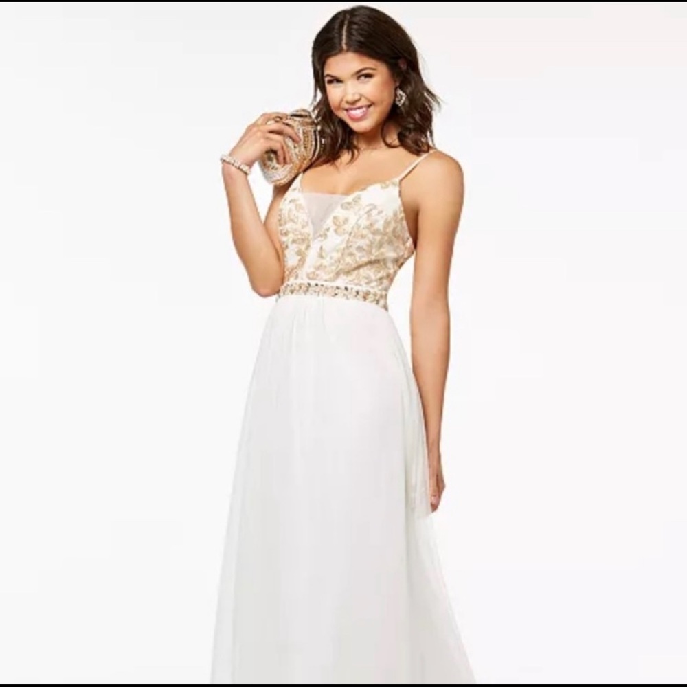 Emerald sundae white gold maxi prom dress evening gown illusion tulle embroidery